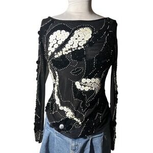 Vintage Rare Cache Sheer Black Mesh Long Sleeve Top Sequin Face Beaded Blouse